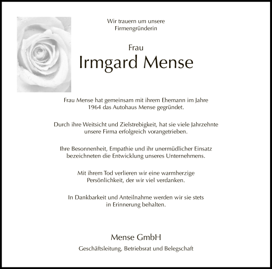 Traueranzeige von Irmgard Mense von Neue Westfälische
