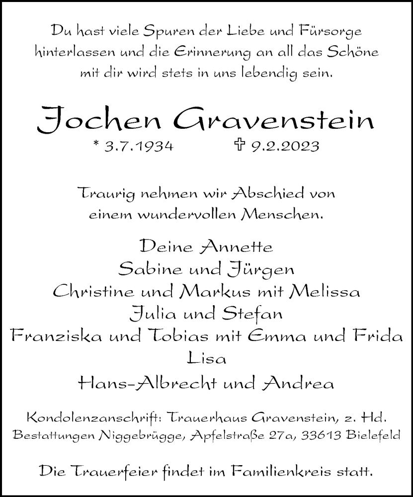  Traueranzeige für Jochen Gravenstein vom 18.02.2023 aus Neue Westfälische