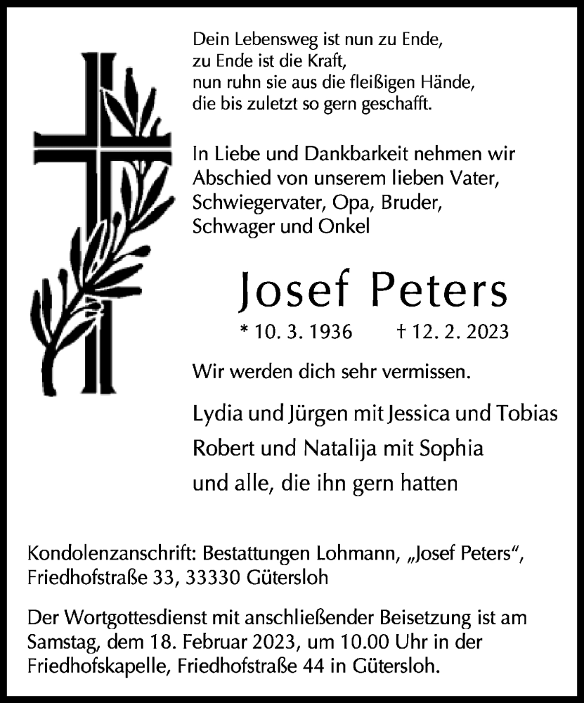 Traueranzeige für Josef Peters vom 15.02.2023 aus Neue Westfälische