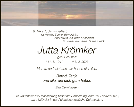 Traueranzeige von Jutta Krömker von Neue Westfälische