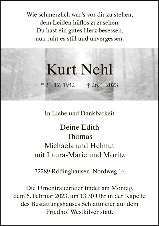 Traueranzeige von Kurt Nehl von Neue Westfälische
