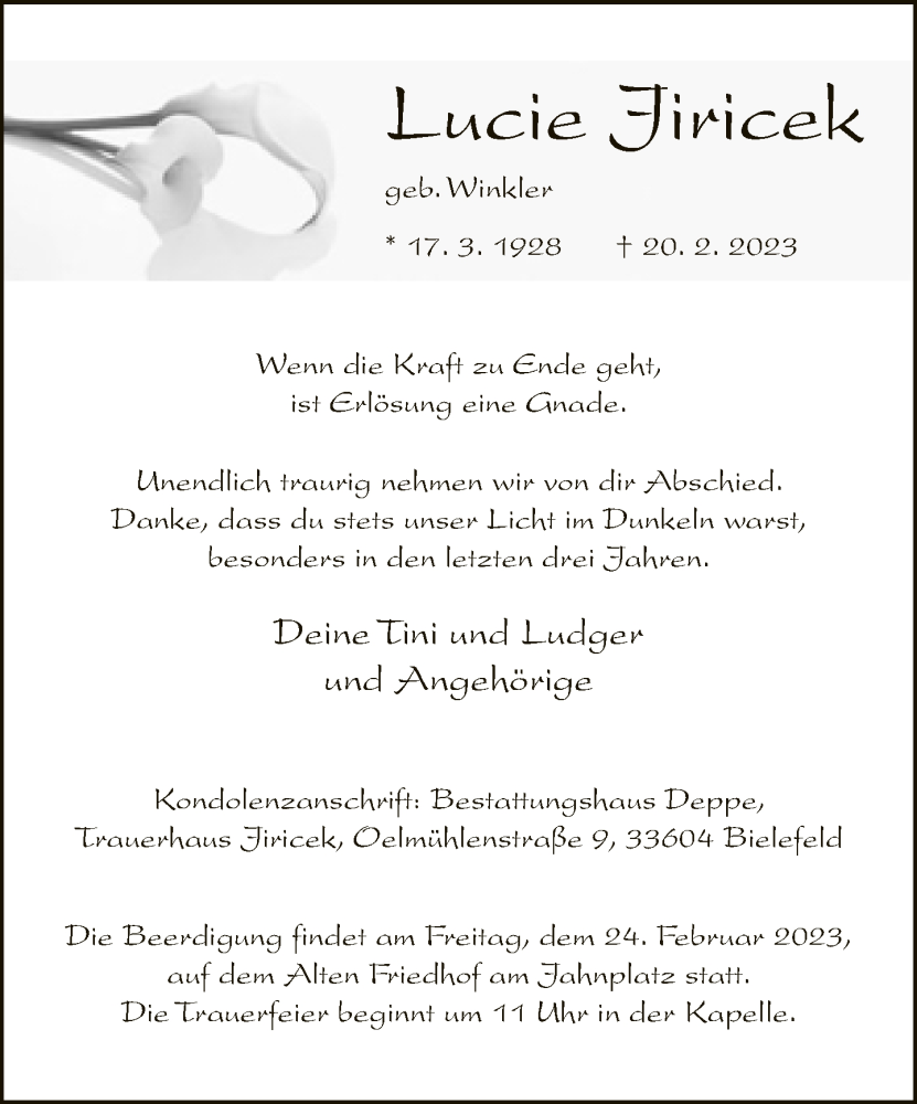  Traueranzeige für Lucie Jiricek vom 22.02.2023 aus Neue Westfälische