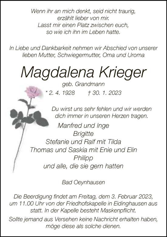 Traueranzeige von Magdalena Krieger von Neue Westfälische