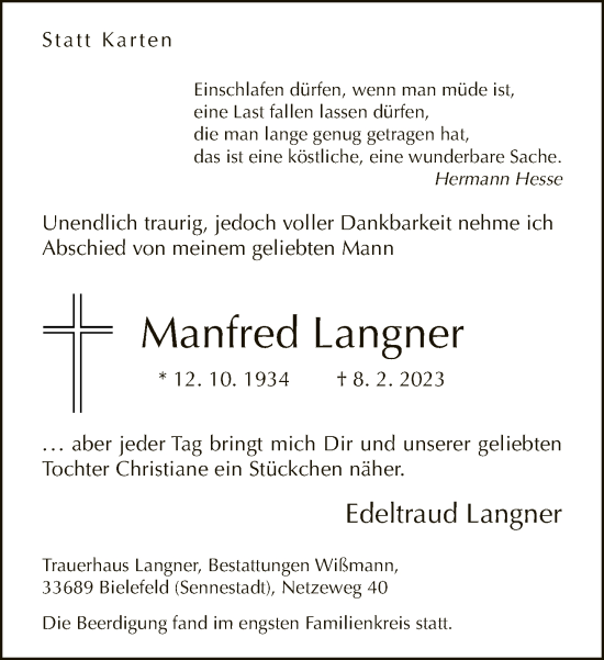 Traueranzeige von Manfred Langner von Neue Westfälische