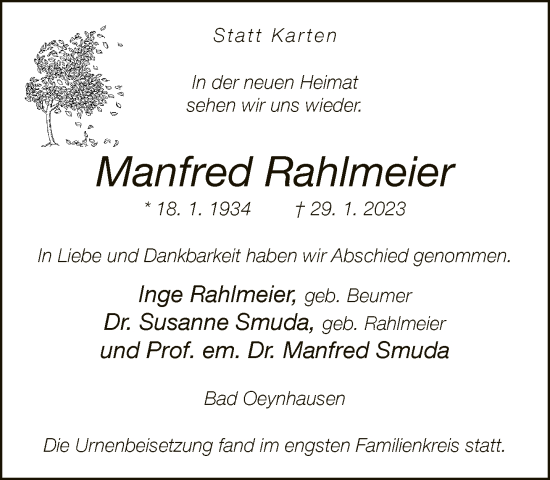 Traueranzeige von Manfred Rahlmeier von Neue Westfälische