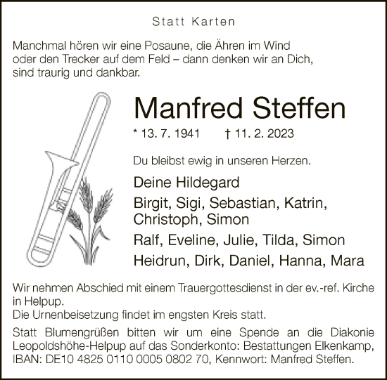 Traueranzeige von Manfred Steffen von Neue Westfälische