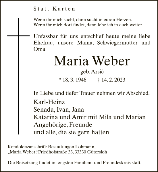 Traueranzeige von Maria Weber von Neue Westfälische