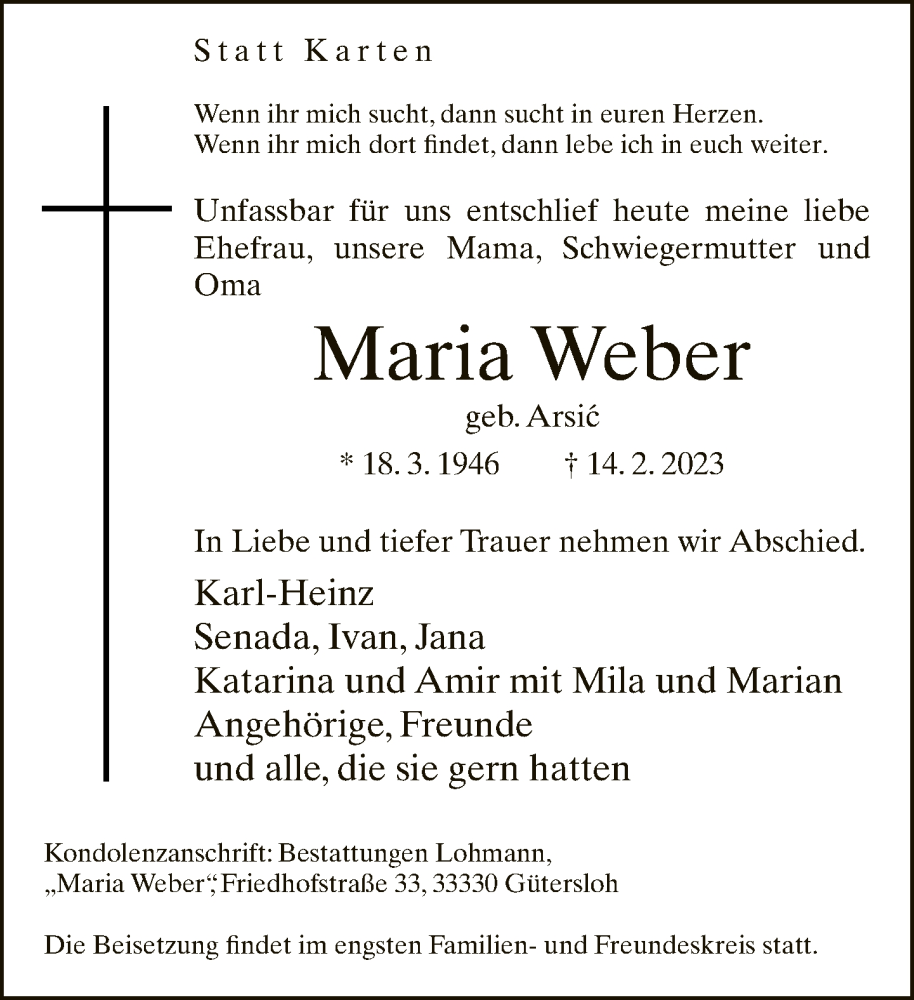  Traueranzeige für Maria Weber vom 18.02.2023 aus Neue Westfälische