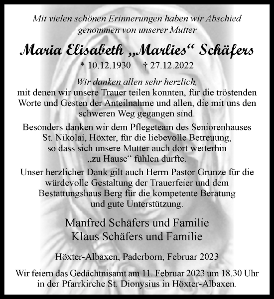 Traueranzeige von Maria Elisabeth Schäfers von Neue Westfälische