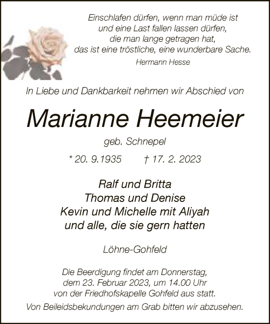 Traueranzeige von Marianne Heemeier von Neue Westfälische