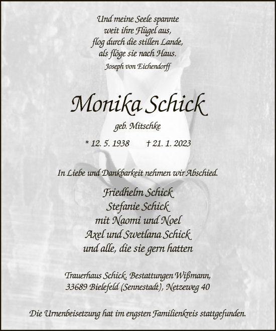 Traueranzeige von Monika Schick von Neue Westfälische
