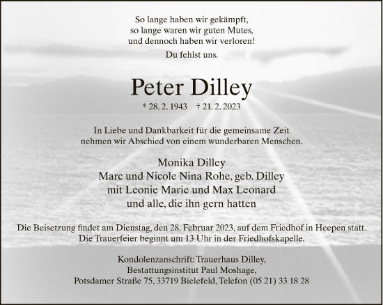 Traueranzeige von Peter Dilley von Neue Westfälische