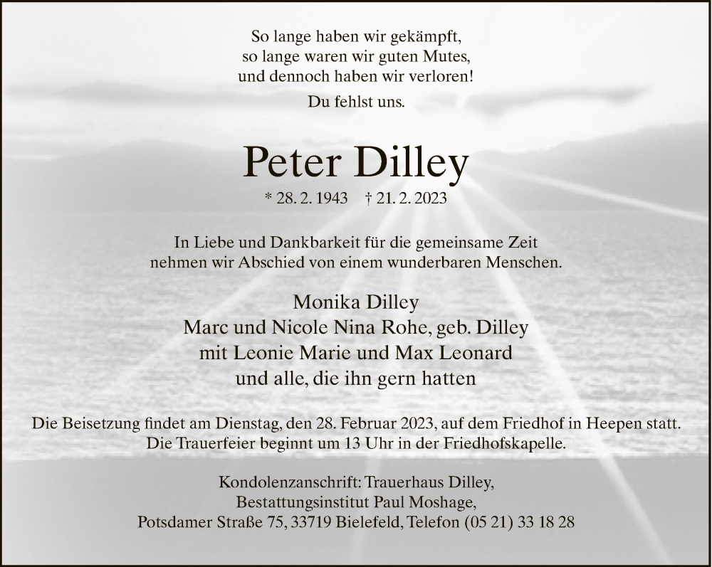  Traueranzeige für Peter Dilley vom 25.02.2023 aus Neue Westfälische