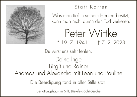 Traueranzeige von Peter Wittke von Neue Westfälische