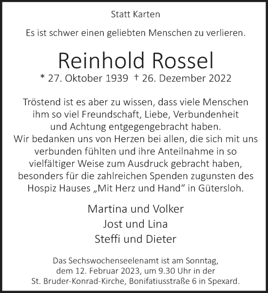 Traueranzeige von Reinhold Rossel von Neue Westfälische