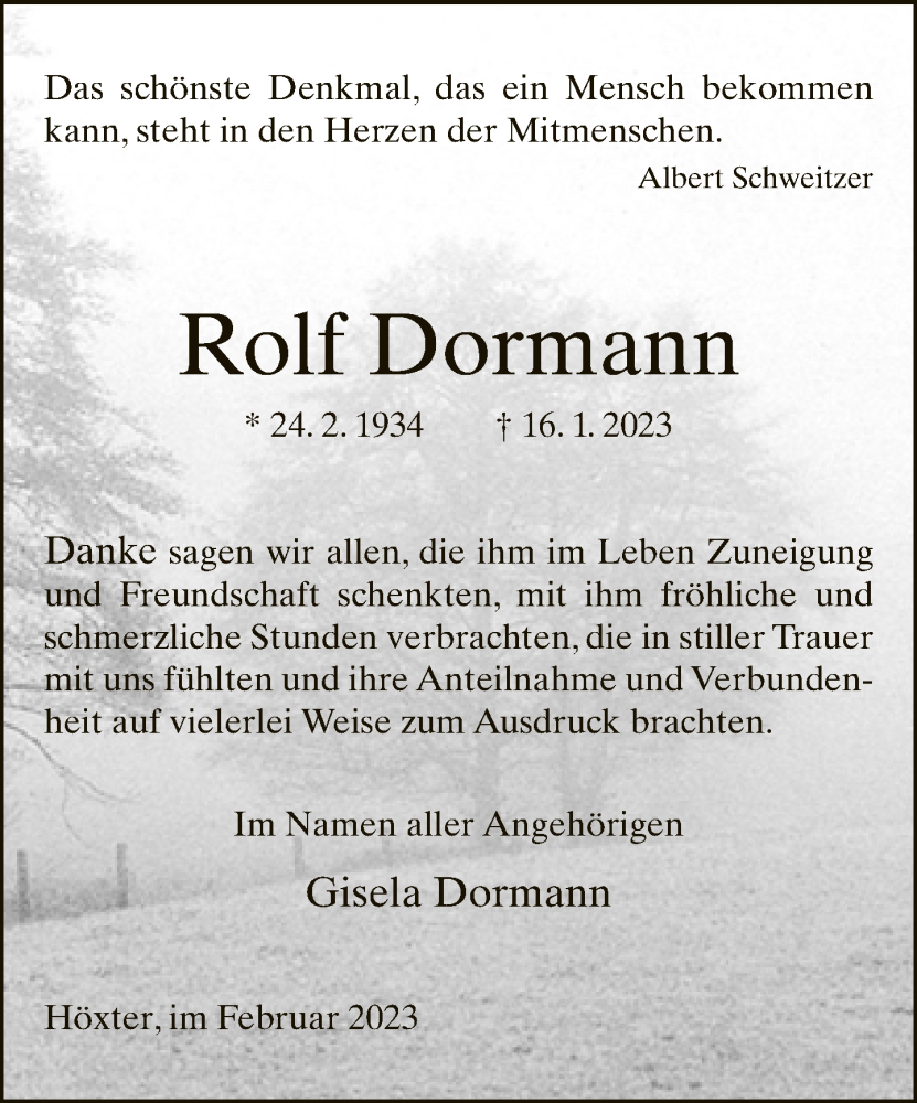  Traueranzeige für Rolf Dormann vom 18.02.2023 aus Neue Westfälische