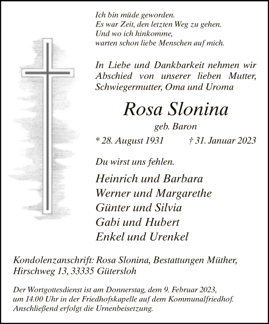 Traueranzeige von Rosa Slonina von Neue Westfälische