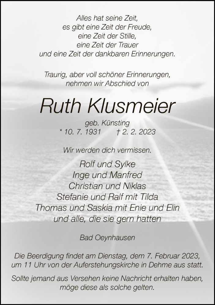  Traueranzeige für Ruth Klusmeier vom 04.02.2023 aus Neue Westfälische