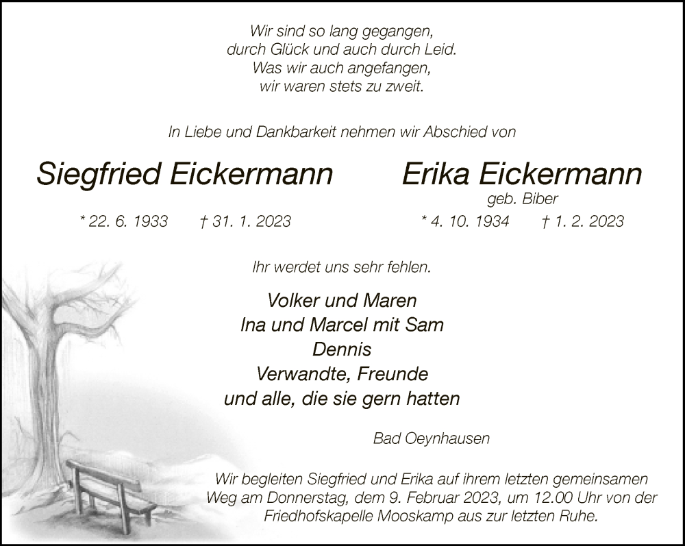  Traueranzeige für Siegfried und Erika Eickermann vom 04.02.2023 aus Neue Westfälische