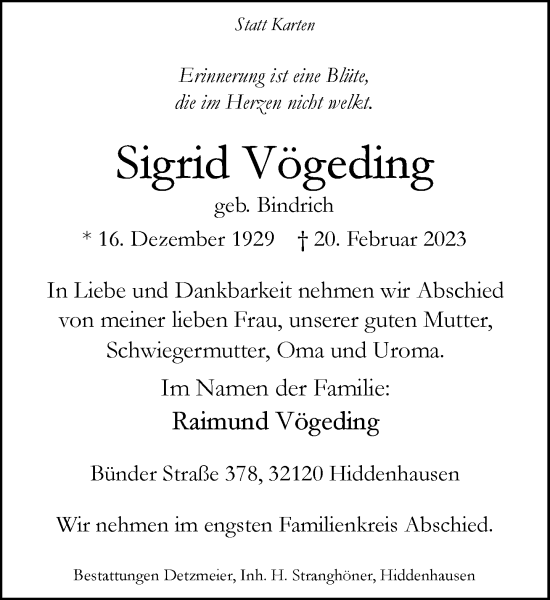 Traueranzeige von Sigrid Vögeding von Neue Westfälische