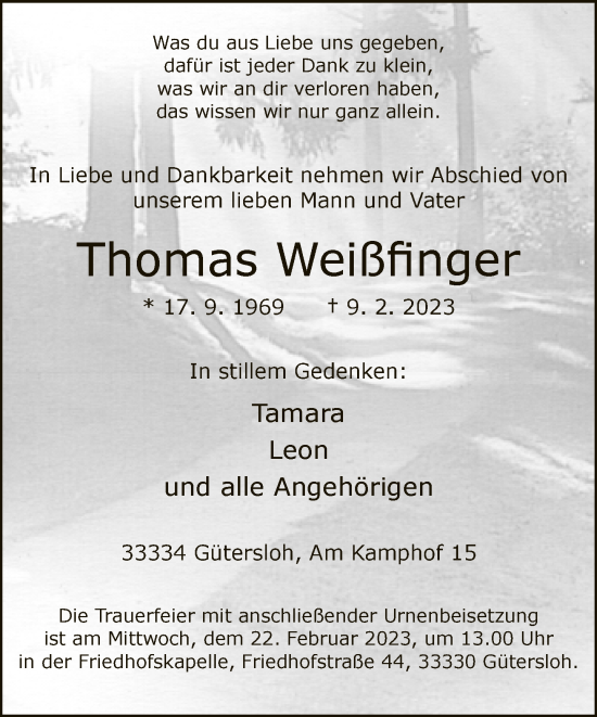 Traueranzeige von Thomas Weißfinger von Neue Westfälische