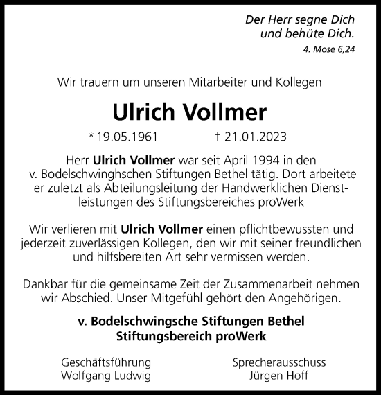 Traueranzeige von Ulrich Vollmer von Neue Westfälische
