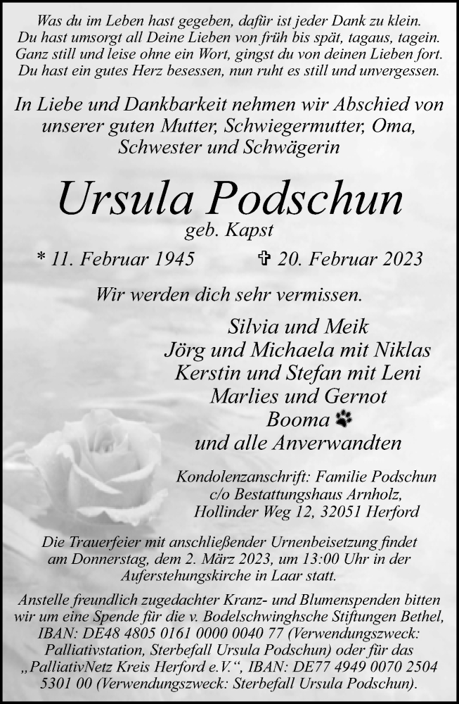  Traueranzeige für Ursula Podschun vom 25.02.2023 aus Neue Westfälische