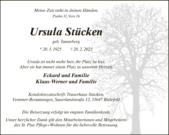 Traueranzeige von Ursula Stücken von Neue Westfälische