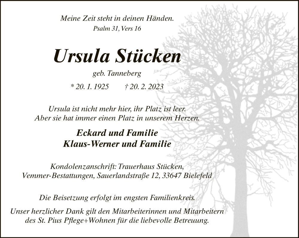  Traueranzeige für Ursula Stücken vom 25.02.2023 aus Neue Westfälische