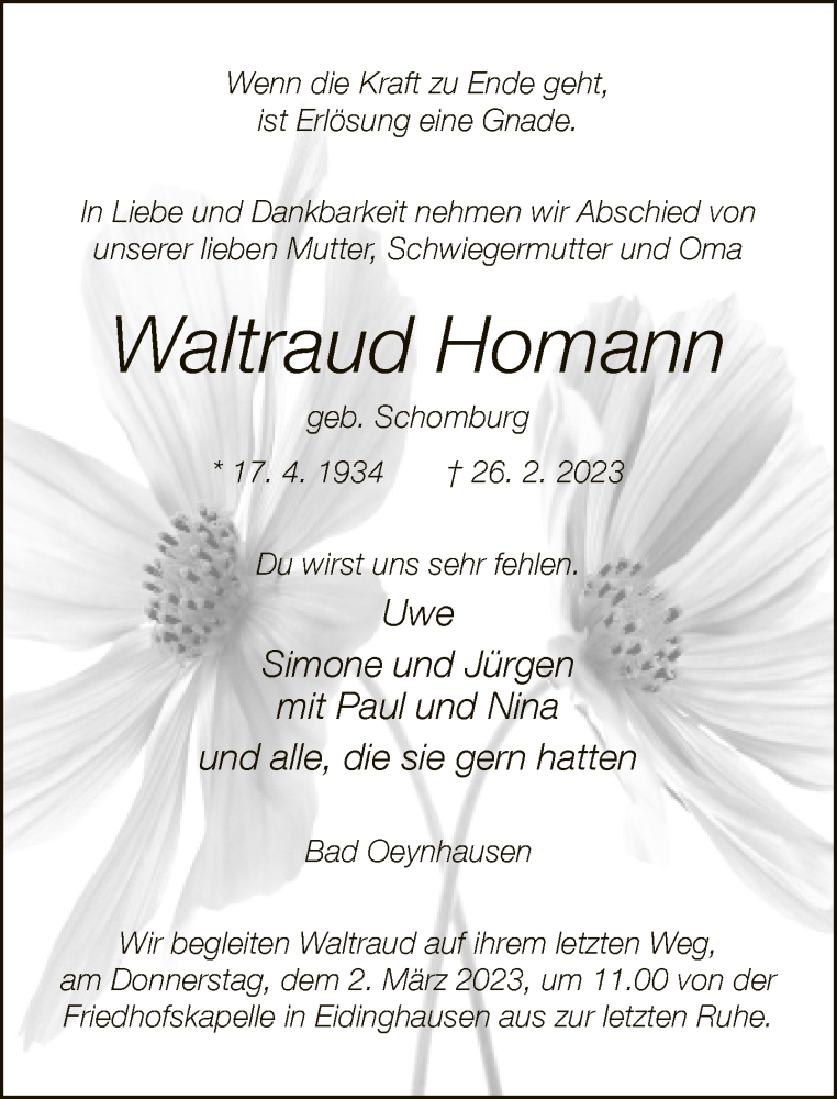 Traueranzeige für Waltraud Homann vom 28.02.2023 aus Neue Westfälische