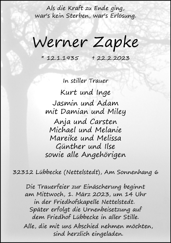 Traueranzeige von Werner Zapke von Neue Westfälische