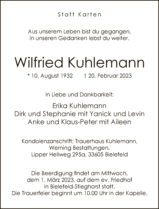 Traueranzeige von Wilfried Kuhlemann von Neue Westfälische
