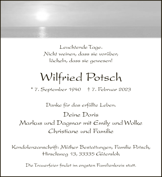 Traueranzeige von Wilfried Potsch von Neue Westfälische