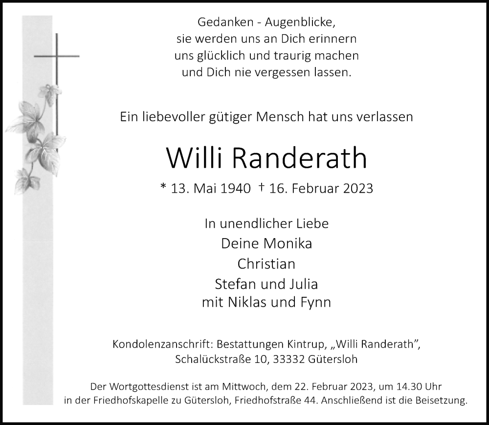  Traueranzeige für Willi Randerath vom 18.02.2023 aus Neue Westfälische