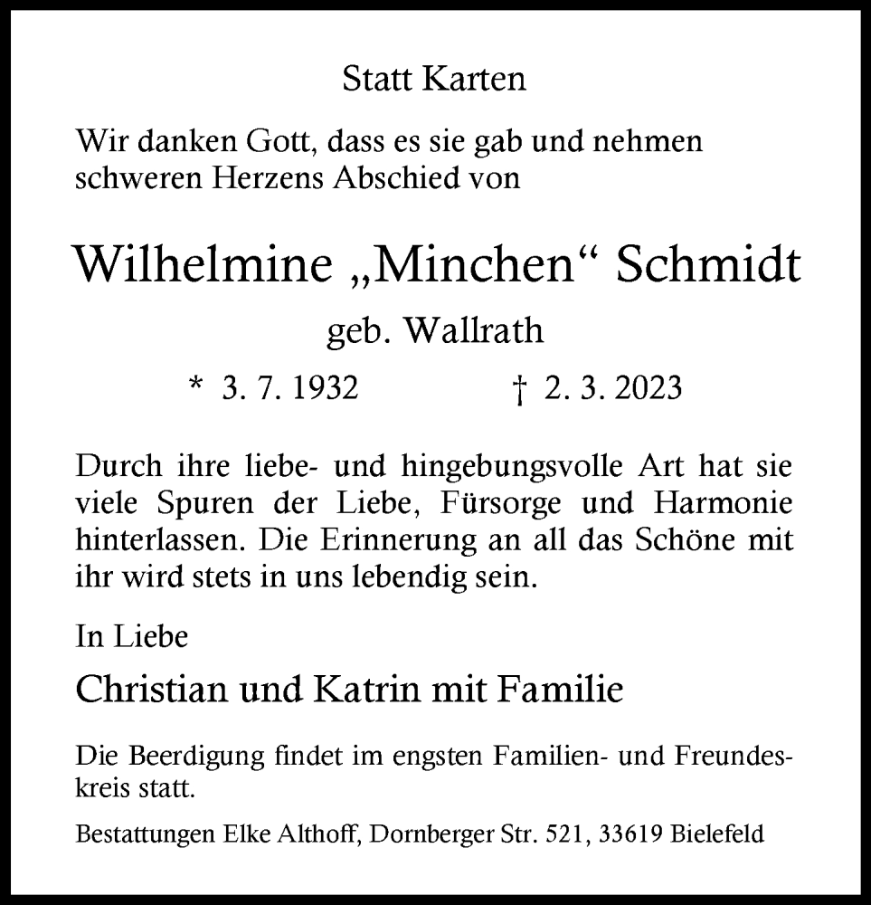  Traueranzeige für Wilhelmine Schmidt vom 11.03.2023 aus Neue Westfälische
