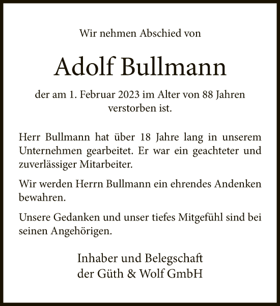 Traueranzeige von Adolf Bullmann von Neue Westfälische