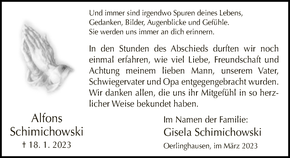  Traueranzeige für Alfons Schimichowski vom 11.03.2023 aus Neue Westfälische
