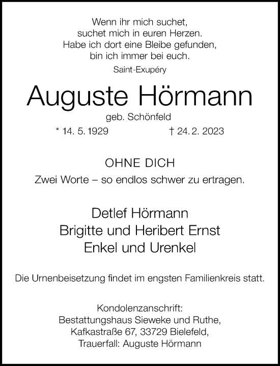 Traueranzeige von Auguste Hörmann von Neue Westfälische
