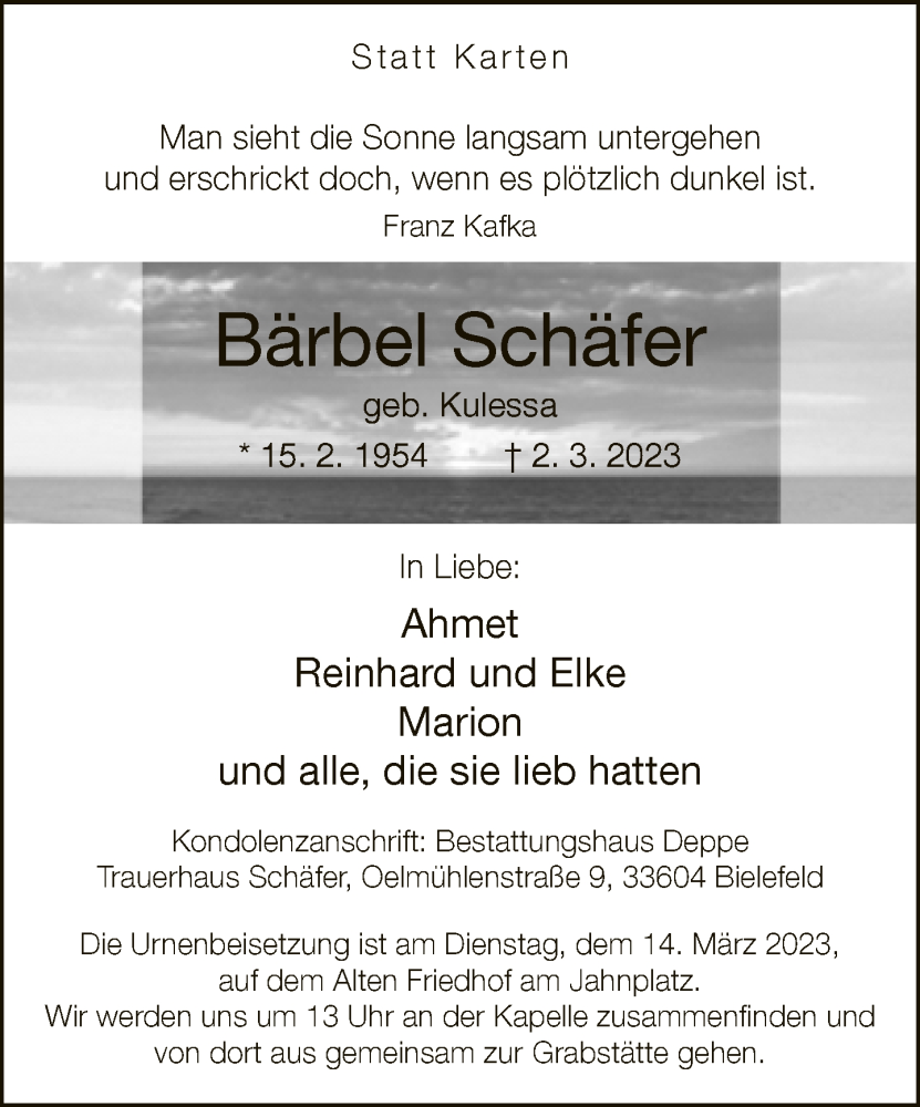  Traueranzeige für Bärbel Schäfer vom 11.03.2023 aus Neue Westfälische