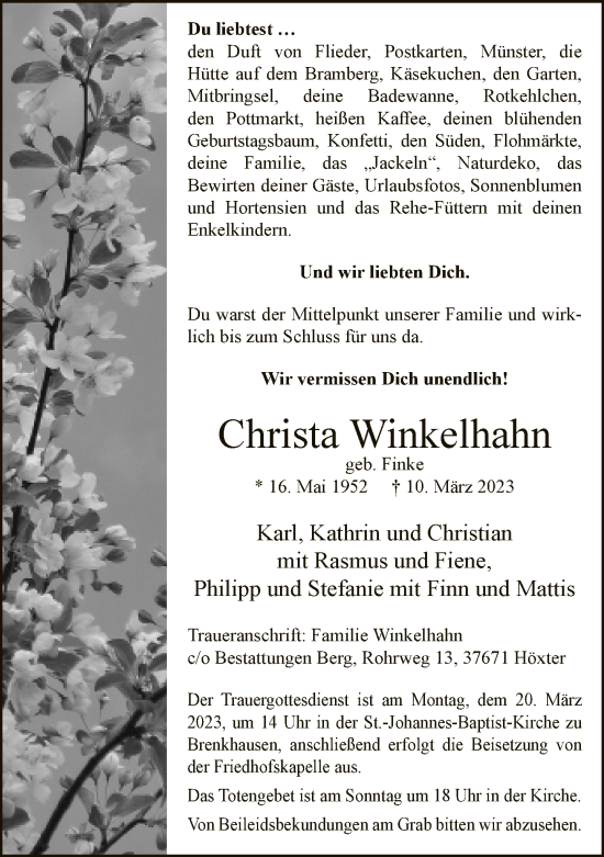 Traueranzeige von Christa Winkelhahn von Neue Westfälische