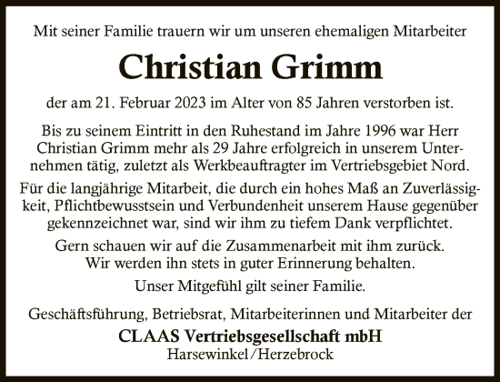 Traueranzeige von Christian Grimm von Neue Westfälische