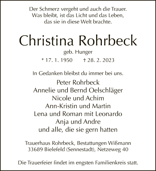 Traueranzeige von Christina Rohrbeck von Neue Westfälische