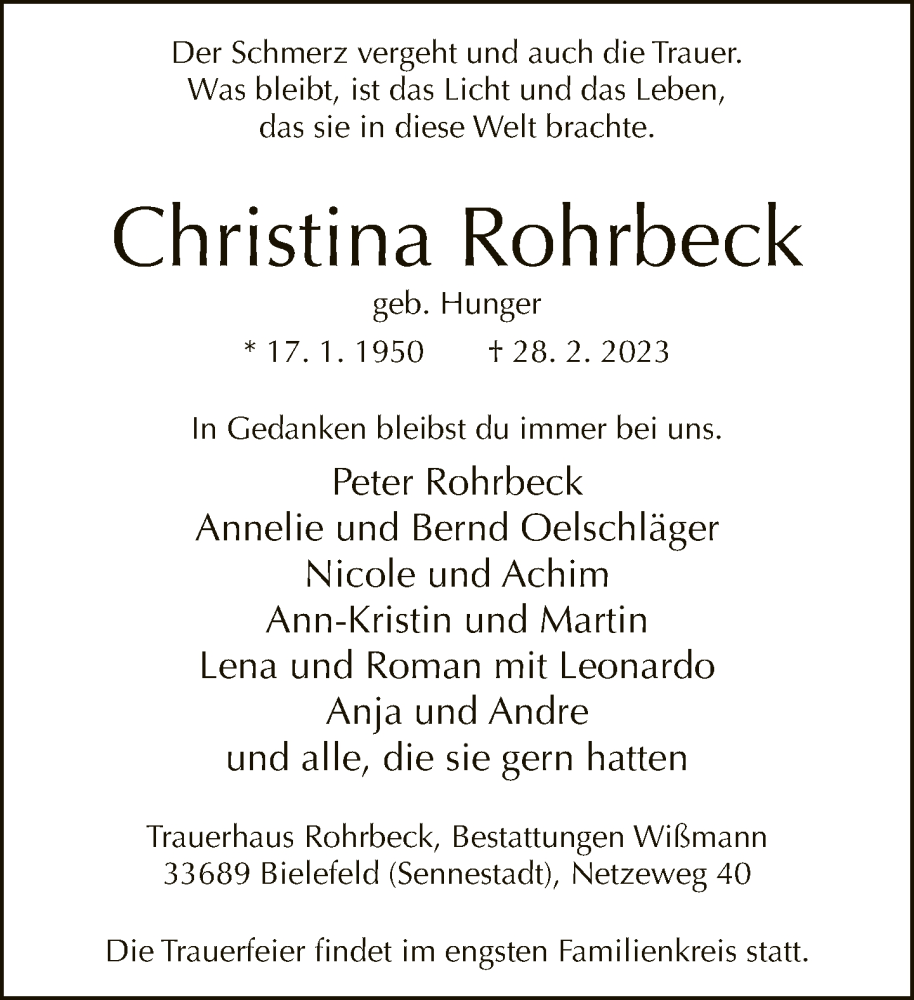  Traueranzeige für Christina Rohrbeck vom 11.03.2023 aus Neue Westfälische