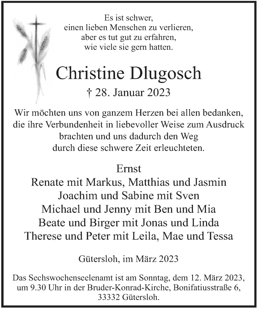  Traueranzeige für Christine Dlugosch vom 10.03.2023 aus Neue Westfälische