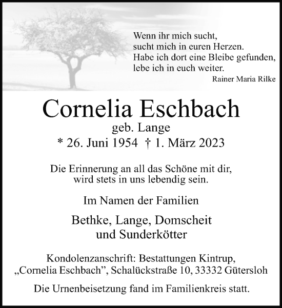 Traueranzeige von Cornelia Eschbach von Neue Westfälische