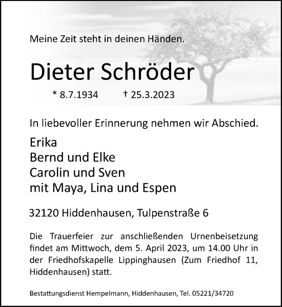 Traueranzeige von Dieter Schröder von Neue Westfälische