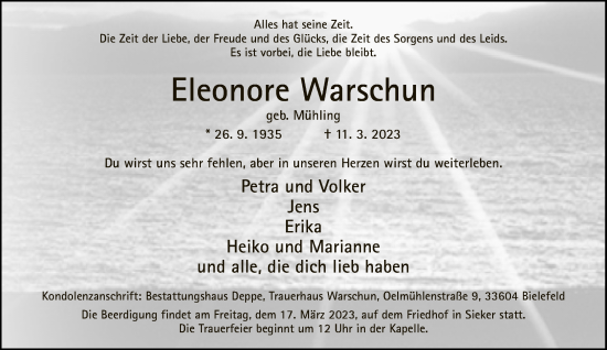 Traueranzeige von Eleonore Warschun von Neue Westfälische