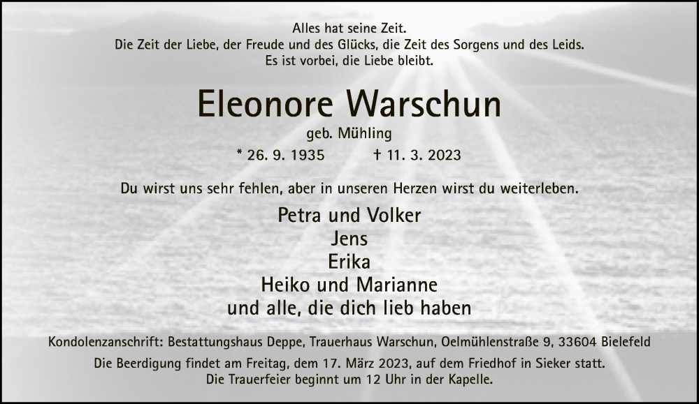  Traueranzeige für Eleonore Warschun vom 15.03.2023 aus Neue Westfälische