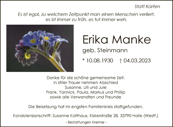 Traueranzeige von Erika Manke von Neue Westfälische
