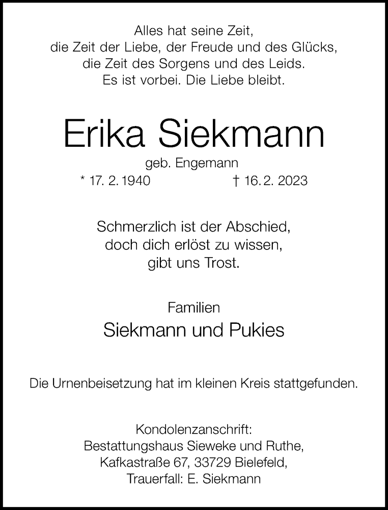  Traueranzeige für Erika Siekmann vom 04.03.2023 aus Neue Westfälische